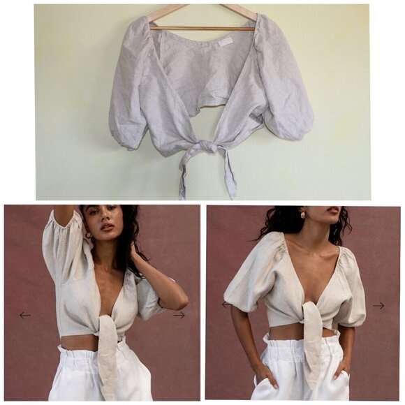 POSEE Tops - POSEE Mia 100% Linen Tie front women Top Size XS Plunge Puff Sleeve Lagenlook